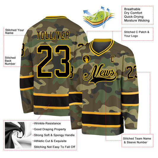 Custom Camo Black-Gold Salute To Service Hockey Jersey - Sky-Custom