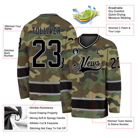Custom Camo Black-Gray Salute To Service Hockey Jersey - Sky-Custom