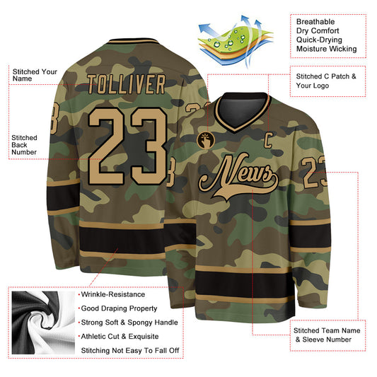 Custom Camo Old Gold-Black Salute To Service Hockey Jersey - Sky-Custom