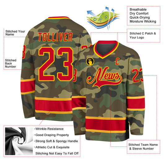 Custom Camo Red-Gold Salute To Service Hockey Jersey - Sky-Custom