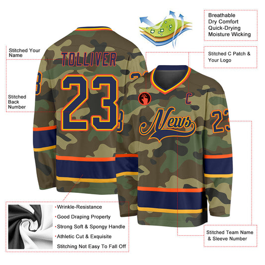 Custom Camo Navy-Orange Salute To Service Hockey Jersey - Sky-Custom