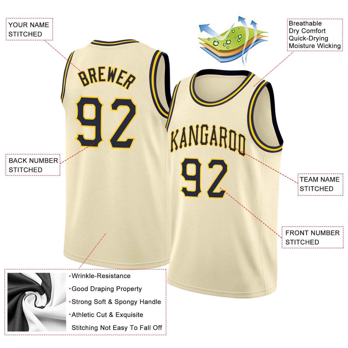 Custom Cream Navy-Gold Round Neck Rib-Knit Basketball Jersey - Sky-Custom
