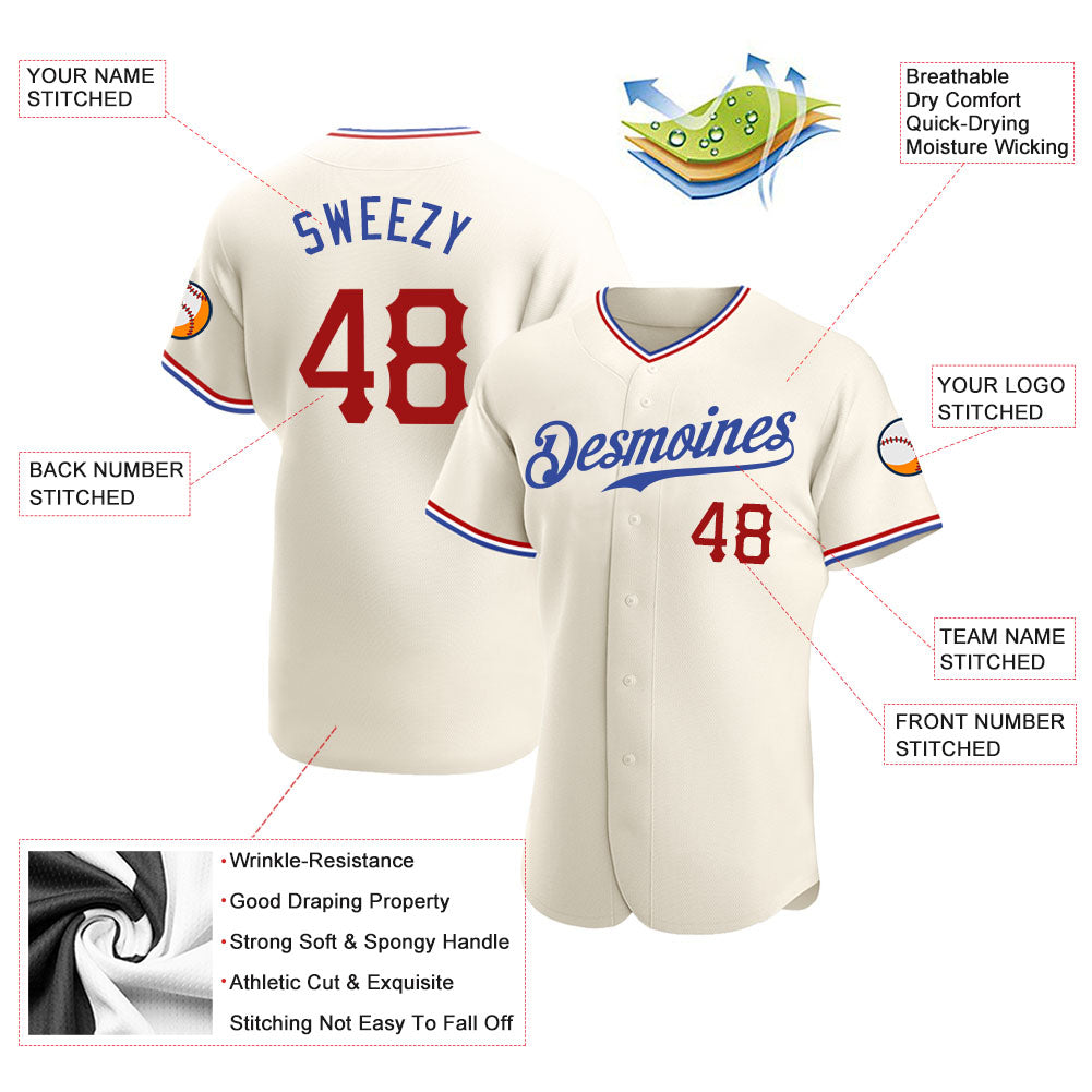 Custom Cream Red-Royal Authentic Baseball Jersey - Sky-Custom