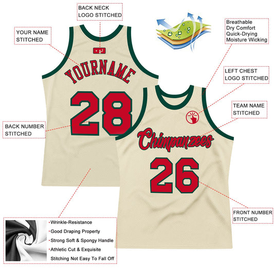 Custom Cream Red-Hunter Green Authentic Throwback Basketball Jersey - Sky-Custom