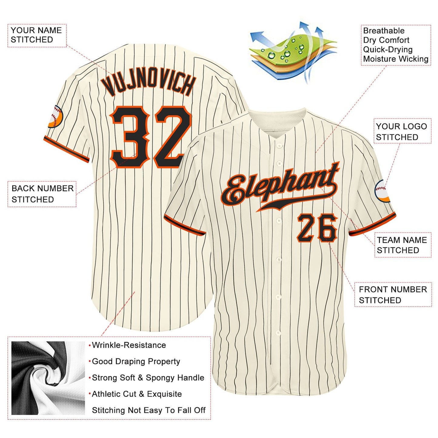 Custom Cream Black Pinstripe Black-Orange Authentic Baseball Jersey - Sky-Custom