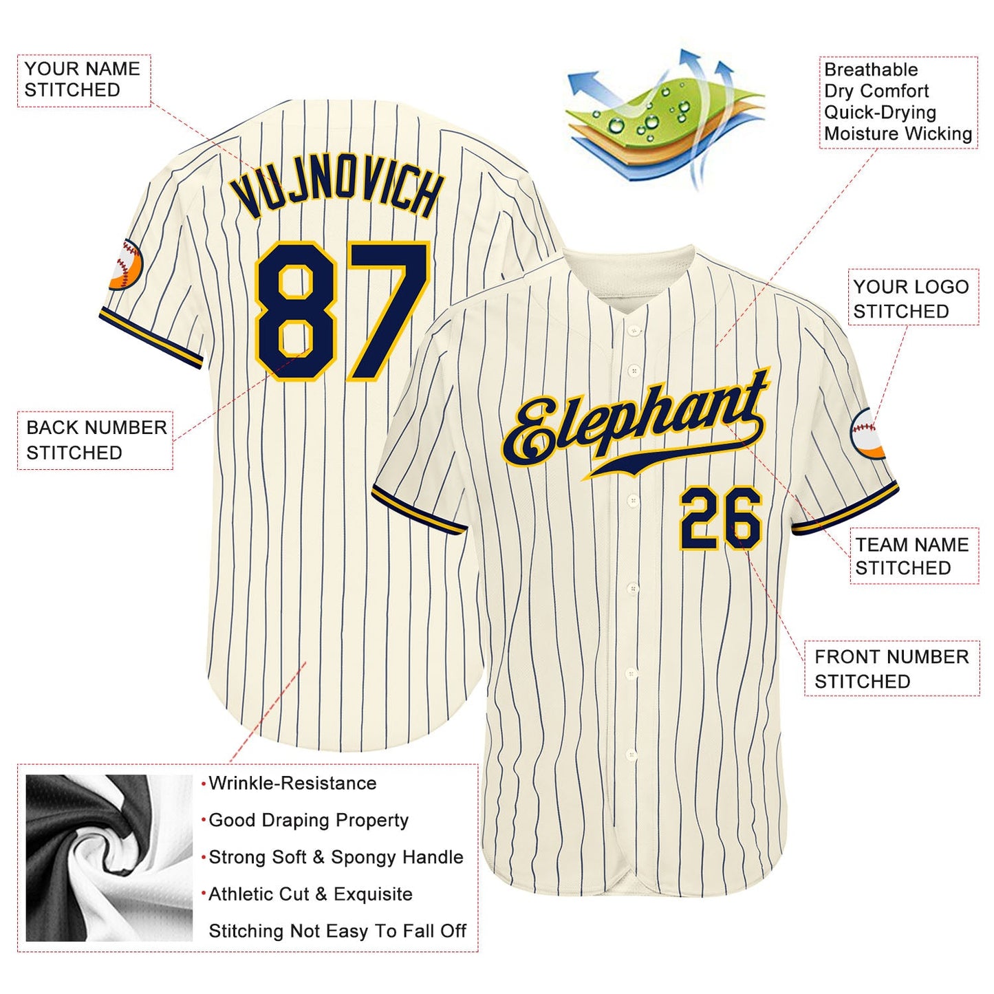Custom Cream Navy Pinstripe Navy-Gold Authentic Baseball Jersey - Sky-Custom