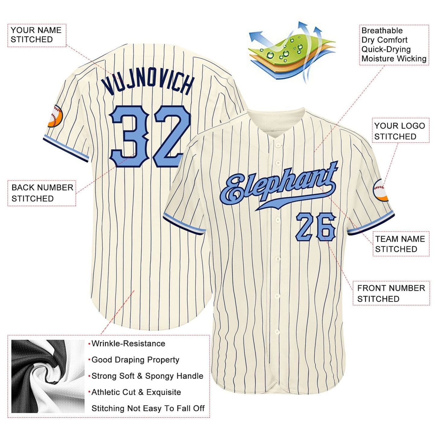 Custom Cream Navy Pinstripe Light Blue-Navy Authentic Baseball Jersey - Sky-Custom