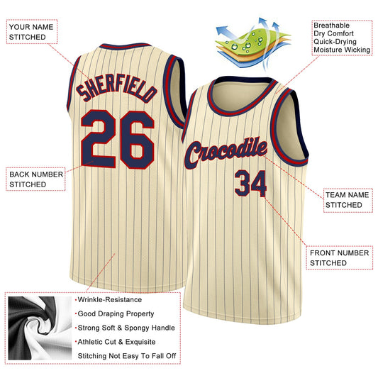 Custom Cream Navy Pinstripe Navy-Red Authentic Basketball Jersey - Sky-Custom