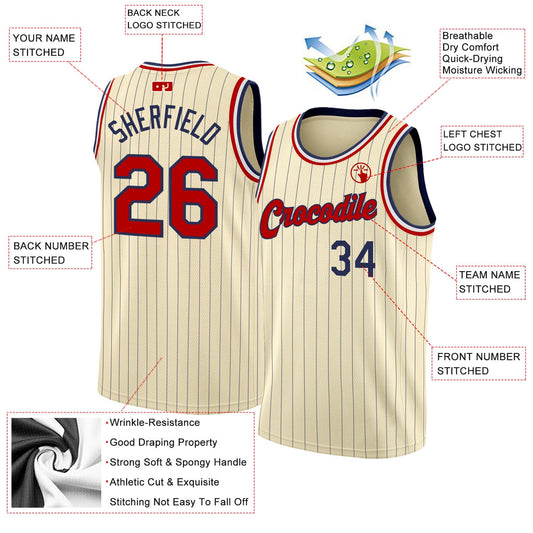 Custom Cream Navy Pinstripe Red-Black Authentic Basketball Jersey - Sky-Custom