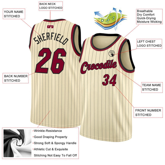 Custom Cream Black Pinstripe Maroon-Black Authentic Basketball Jersey - Sky-Custom