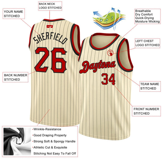 Custom Cream Black Pinstripe Red-Black Authentic Basketball Jersey - Sky-Custom