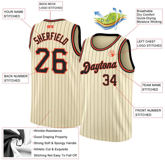 Custom Cream Black Pinstripe Black-Orange Authentic Basketball Jersey - Sky-Custom