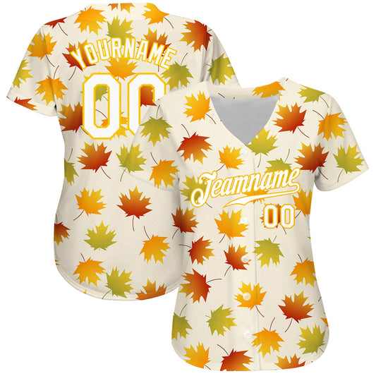 Custom Cream White-Gold 3D Pattern Design Maple Leaf Authentic Baseball Jersey - Sky-Custom