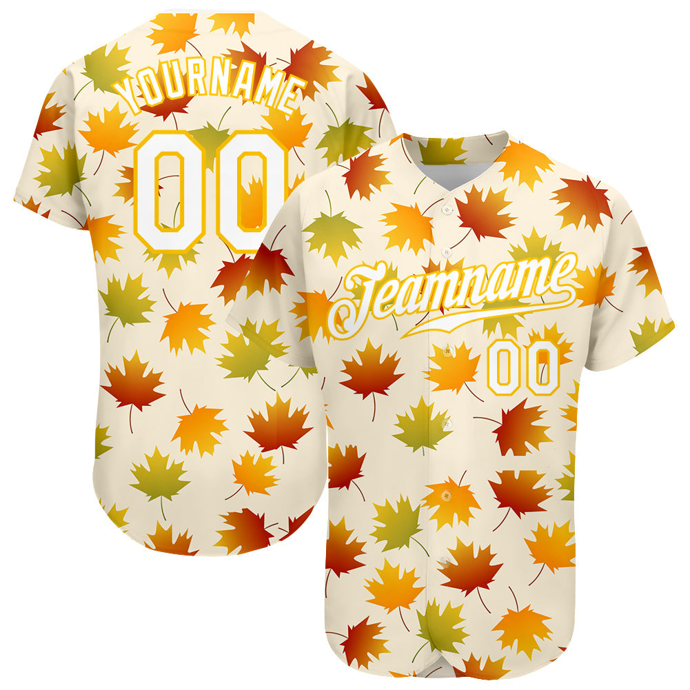 Custom Cream White-Gold 3D Pattern Design Maple Leaf Authentic Baseball Jersey - Sky-Custom