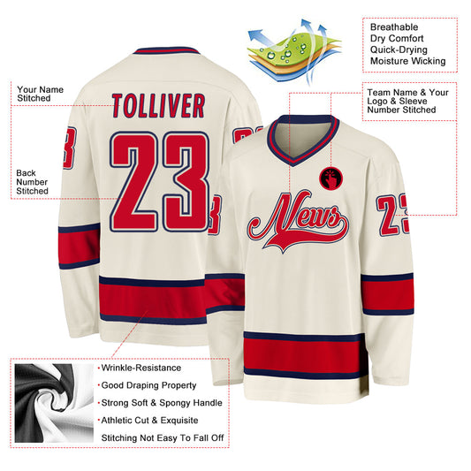 Custom Cream Red-Navy Hockey Jersey - Sky-Custom