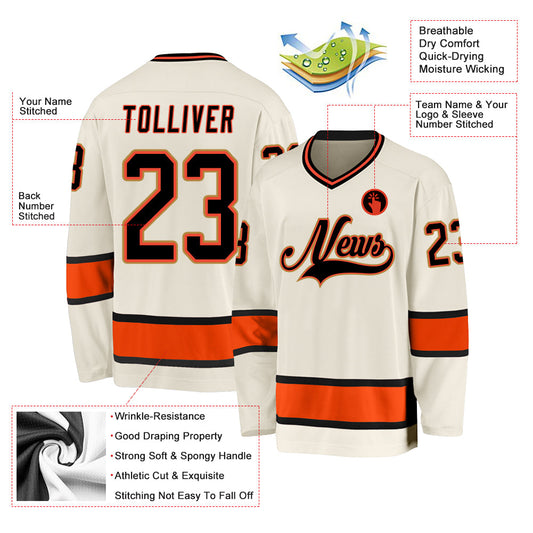 Custom Cream Black-Orange Hockey Jersey - Sky-Custom