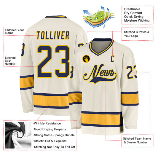 Custom Cream Navy-Gold Hockey Jersey - Sky-Custom