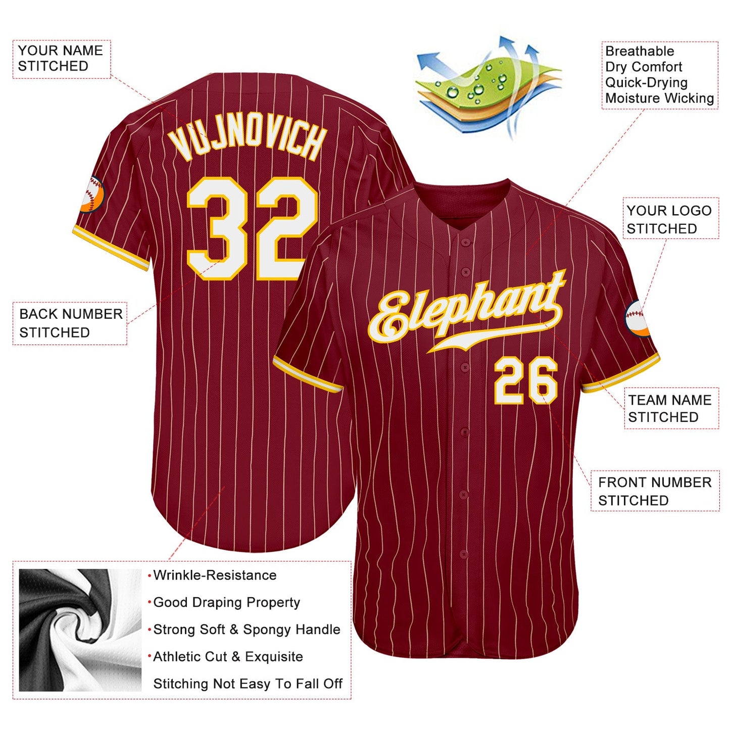Custom Crimson Cream Pinstripe Gold-White Authentic Baseball Jersey - Sky-Custom