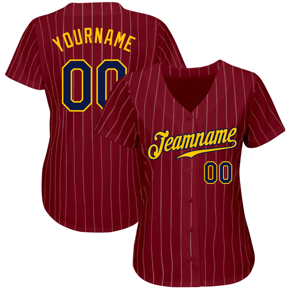 Custom Crimson Cream Pinstripe Navy-Gold Authentic Baseball Jersey - Sky-Custom