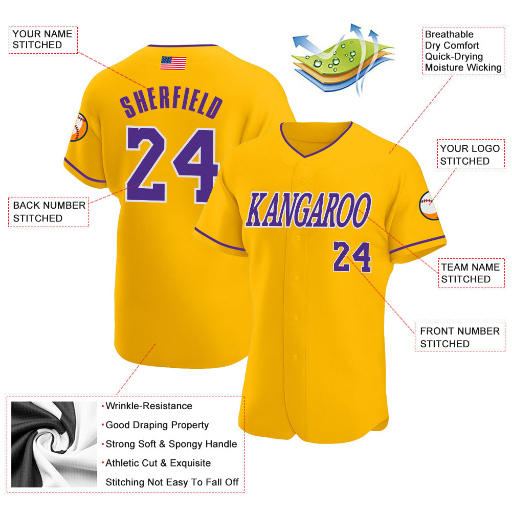 Custom Gold Purple-White Authentic American Flag Fashion Baseball Jersey - Sky-Custom