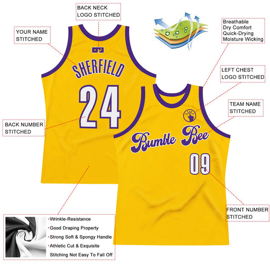 Custom Gold White-Purple Authentic Throwback Basketball Jersey - Sky-Custom