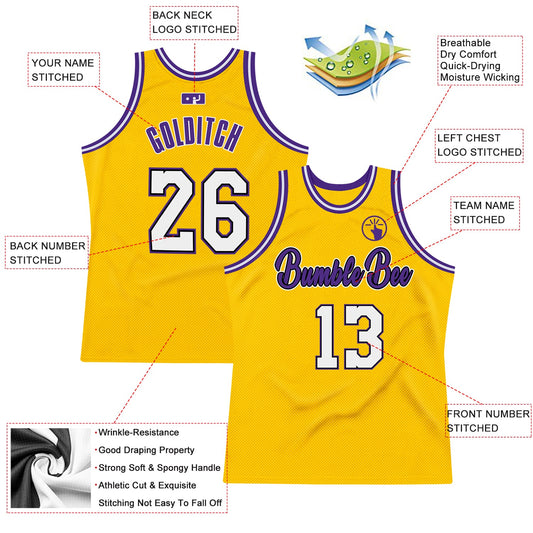 Custom Gold White-Purple Authentic Throwback Basketball Jersey - Sky-Custom