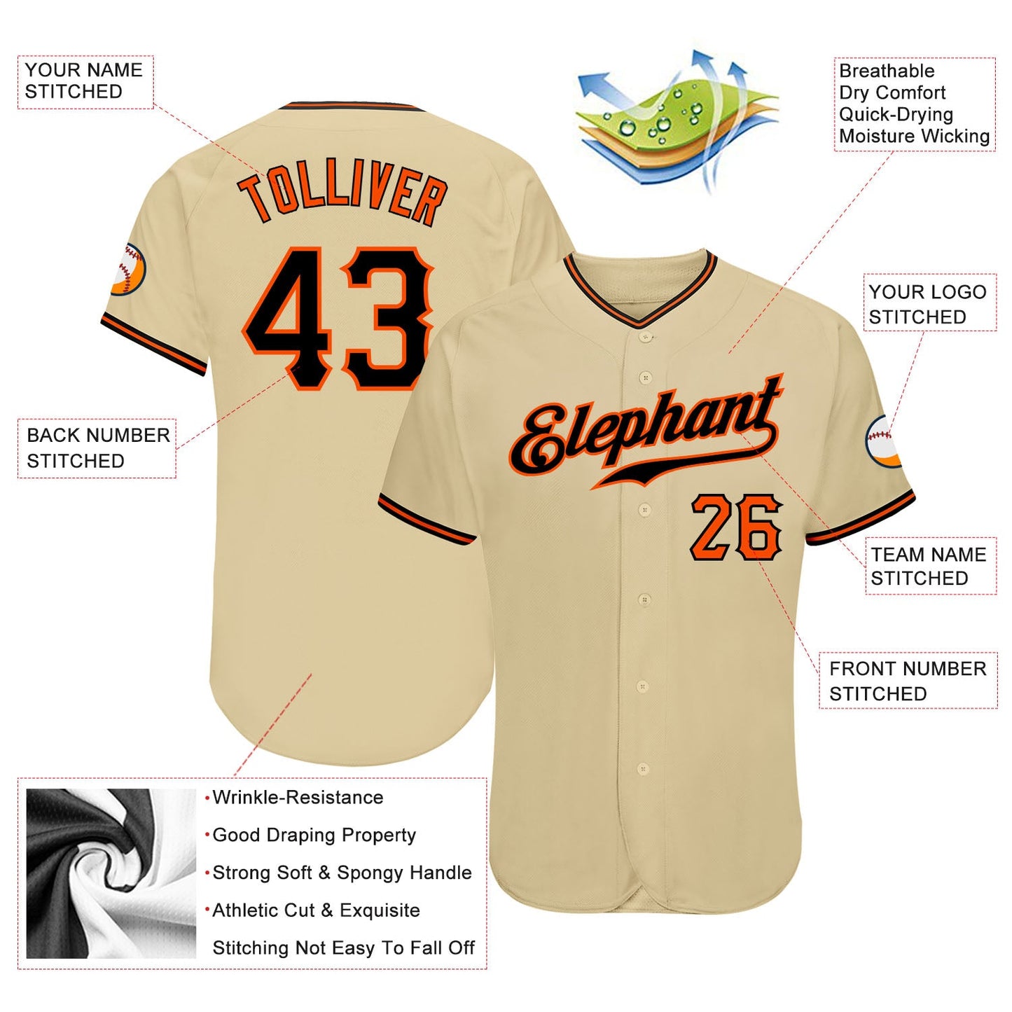 Custom Sand Black-Orange Authentic Baseball Jersey - Sky-Custom