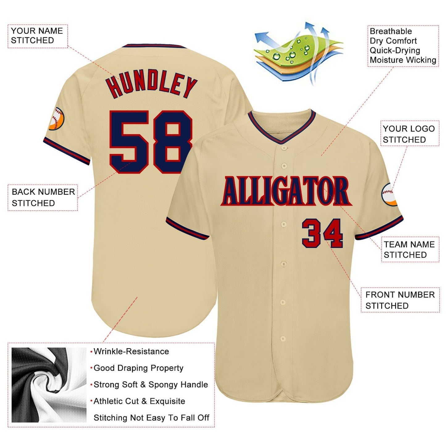 Custom Sand Navy-Red Authentic Baseball Jersey - Sky-Custom