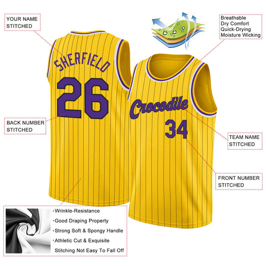 Custom Gold Black Pinstripe Purple-White Authentic Basketball Jersey - Sky-Custom