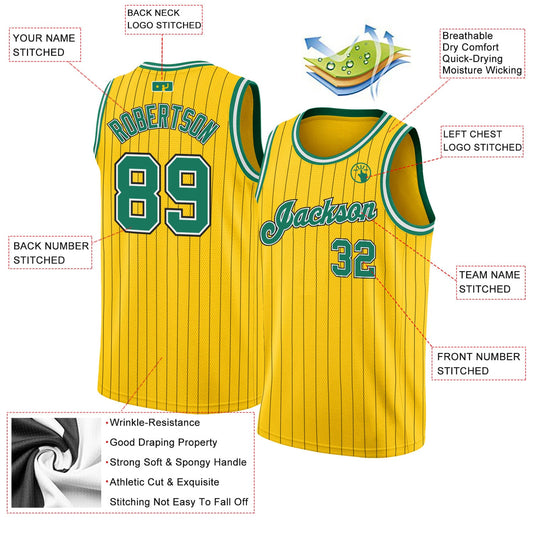 Custom Gold Black Pinstripe Kelly Green-White Authentic Basketball Jersey - Sky-Custom