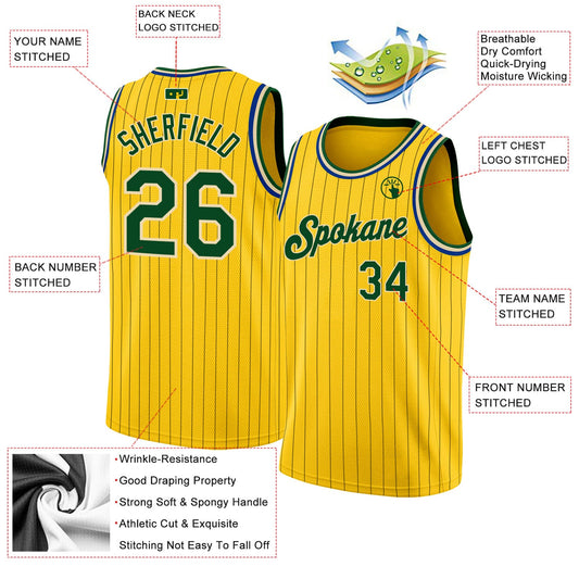 Custom Gold Black Pinstripe Green-Cream Authentic Basketball Jersey - Sky-Custom