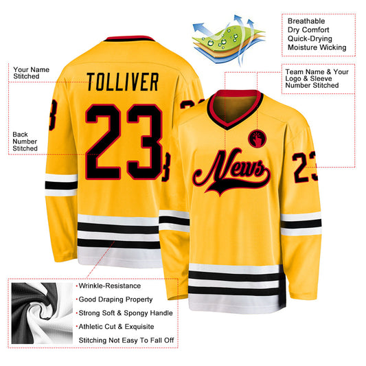 Custom Gold Black-Red Hockey Jersey - Sky-Custom
