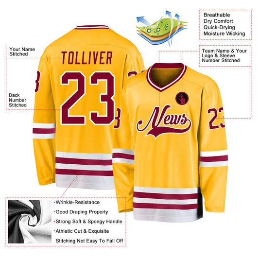 Custom Gold Maroon-White Hockey Jersey - Sky-Custom