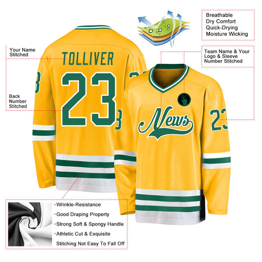 Custom Gold Kelly Green-White Hockey Jersey - Sky-Custom