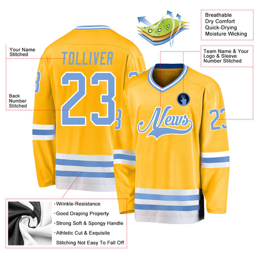 Custom Gold Light Blue-White Hockey Jersey - Sky-Custom