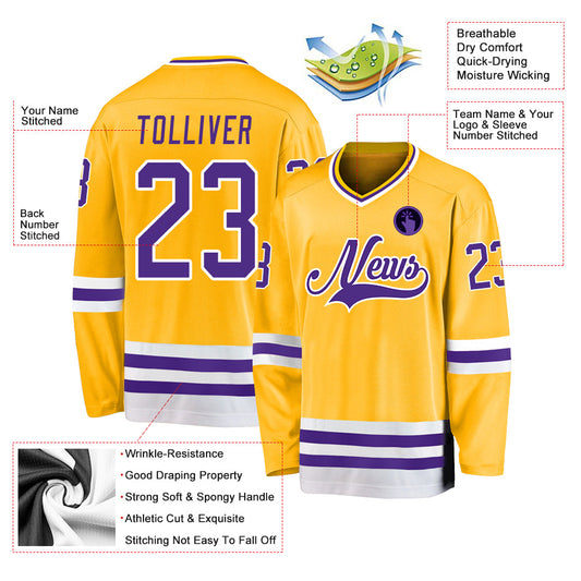 Custom Gold Purple-White Hockey Jersey - Sky-Custom