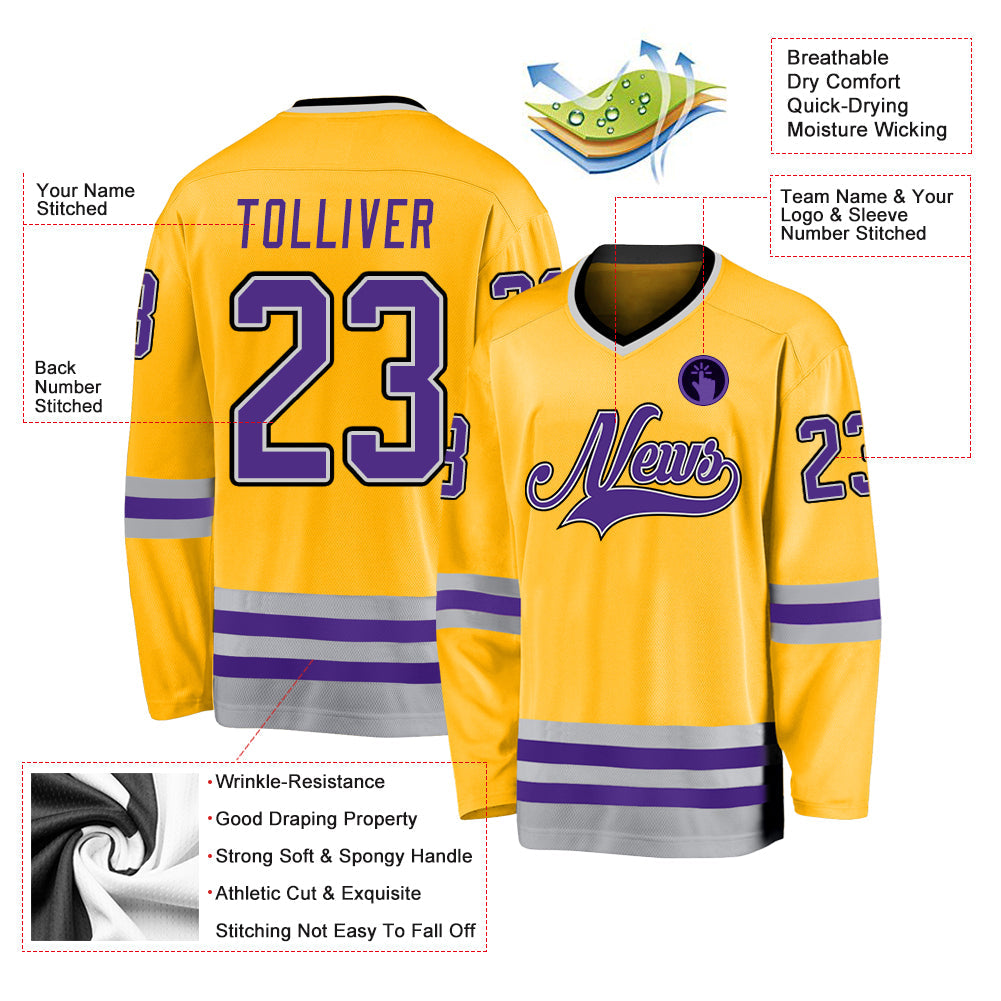 Custom Gold Purple-Gray Hockey Jersey - Sky-Custom