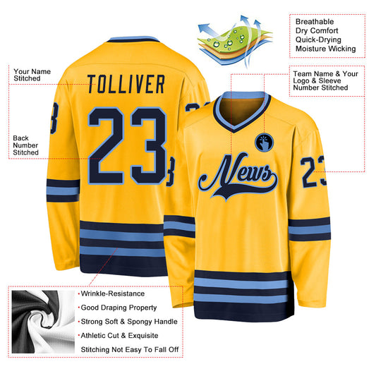 Custom Gold Navy-Light Blue Hockey Jersey - Sky-Custom
