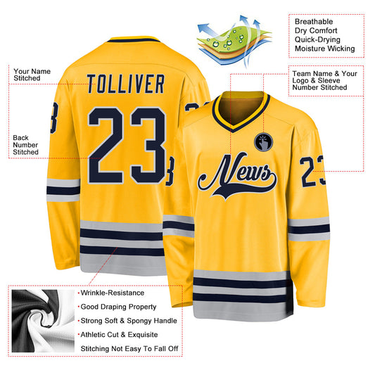 Custom Gold Navy-Gray Hockey Jersey - Sky-Custom