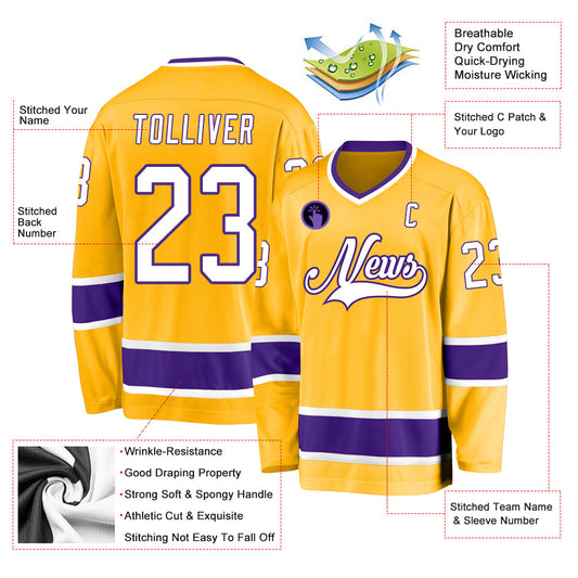Custom Gold White-Purple Hockey Jersey - Sky-Custom