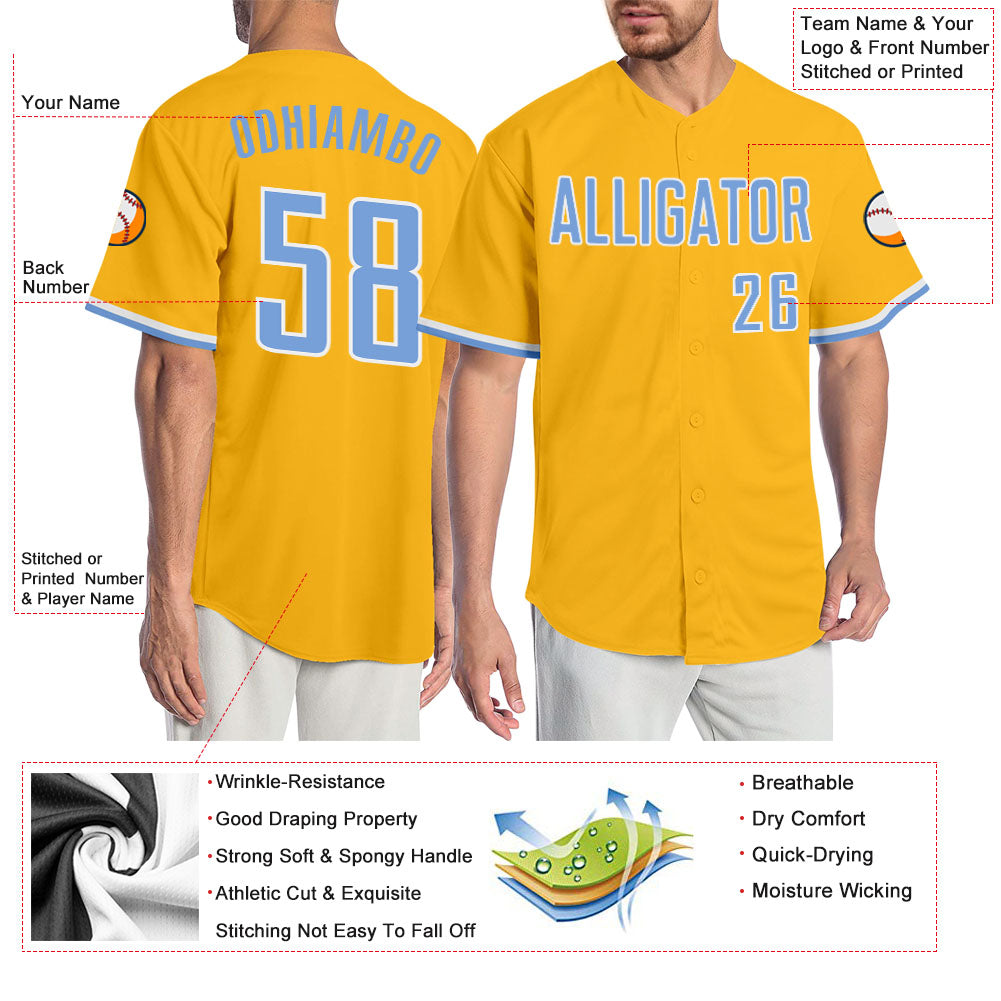 Custom Gold Light Blue-White Authentic Baseball Jersey - Sky-Custom