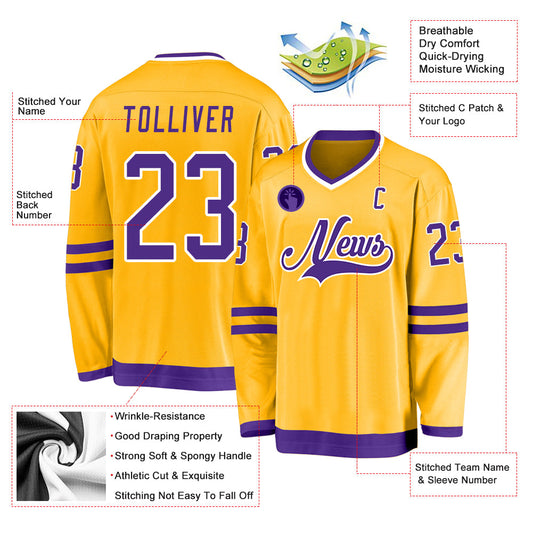 Custom Gold Purple-White Hockey Jersey - Sky-Custom