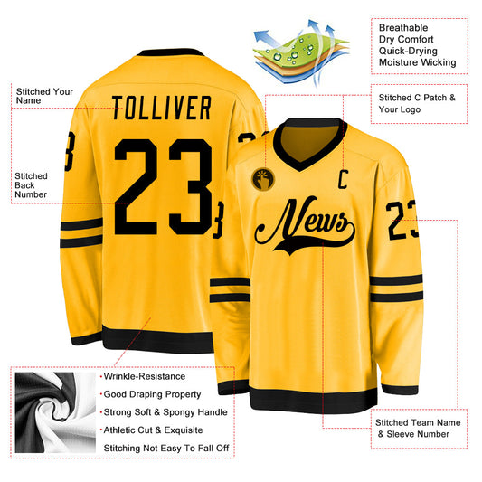 Custom Gold Black Hockey Jersey - Sky-Custom