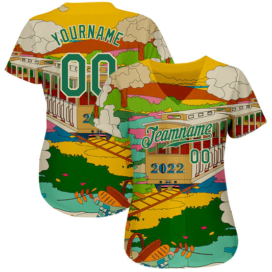 Custom Gold Kelly Green-Cream 3D Pattern Design Train Authentic Baseball Jersey - Sky-Custom