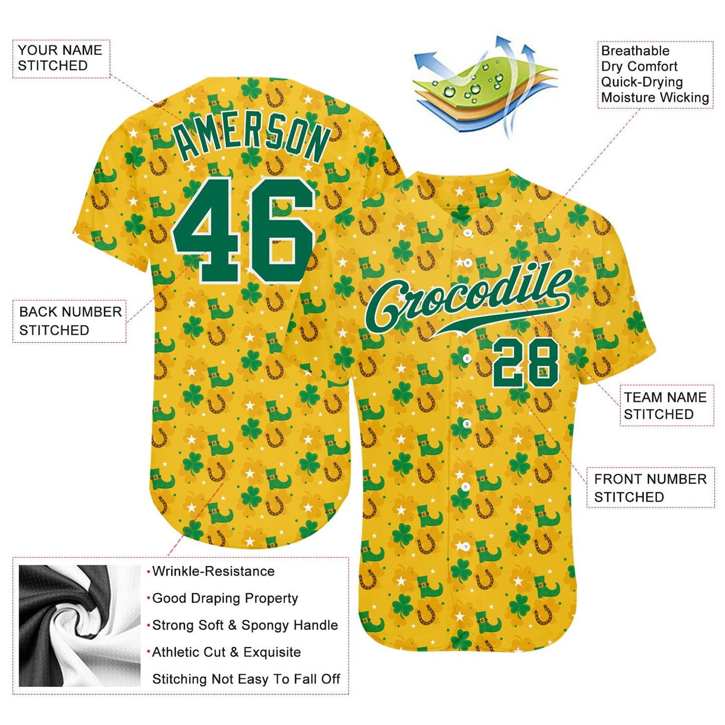 Custom Gold Kelly Green-White 3D Pattern Design Authentic St. Patrick's Day Baseball Jersey - Sky-Custom