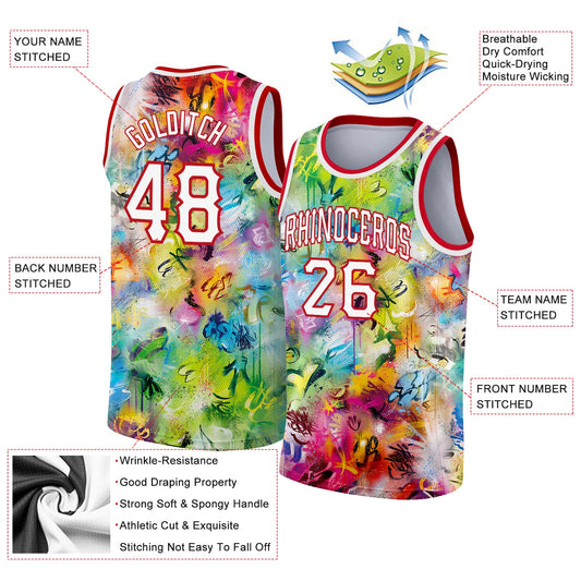 Custom Scratch Graffiti Pattern White-Red 3D Authentic Basketball Jersey - Sky-Custom