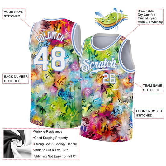 Custom Scratch Graffiti Pattern White-Light Blue 3D Authentic Basketball Jersey - Sky-Custom