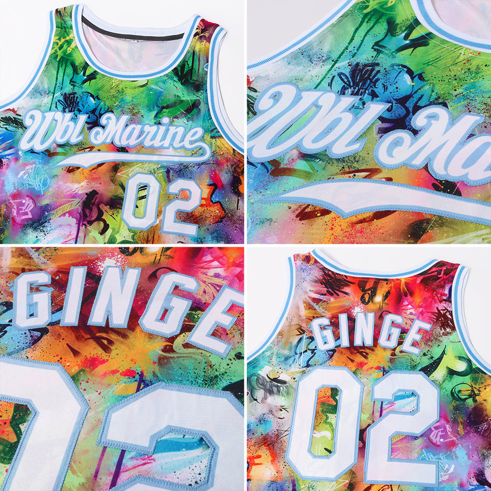 Custom Scratch Graffiti Pattern White-Light Blue 3D Authentic Basketball Jersey - Sky-Custom