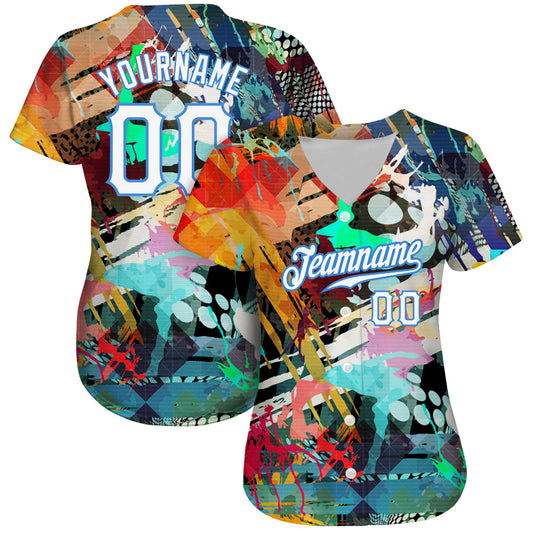 Custom Graffiti Colored Abstract Pattern White-Light Blue 3D Authentic Baseball Jersey - Sky-Custom