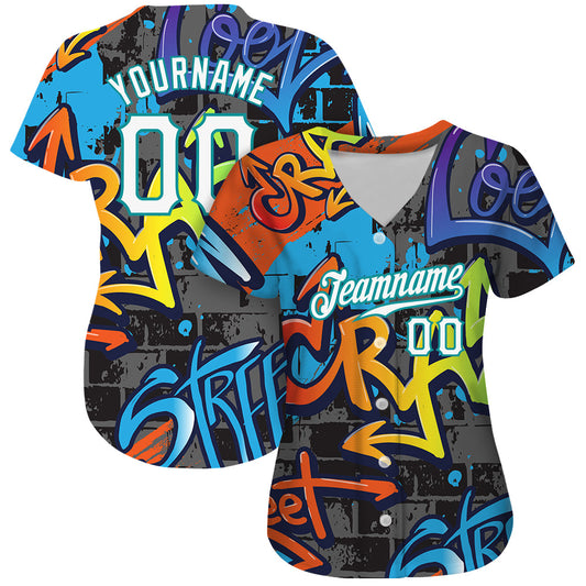 Custom Graffiti Geometric Pattern White-Teal 3D Authentic Baseball Jersey - Sky-Custom